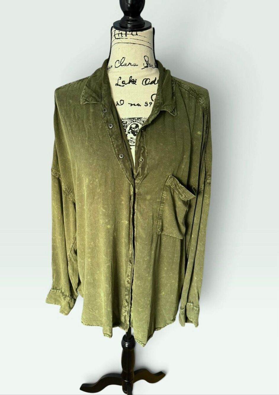 We The Free Free People Green Acid Wash Linen Blend Snap Front Shirt Large